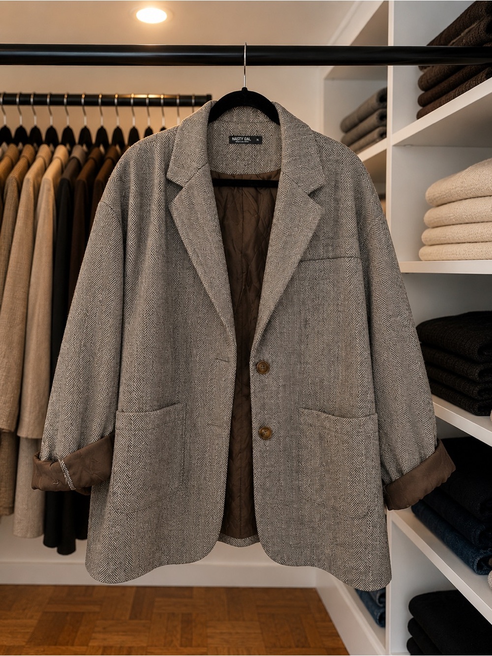 Nasty Gal Oversized Herringbone Blazer XL Grandpa Core Brown Tweed Jacket
